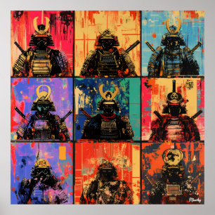 Samurai Warrior Portraits in Bold Graffiti Art Poster