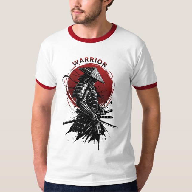Samurai Warrior Rising Sun Japanese Ink Style T-Shirt (Front)