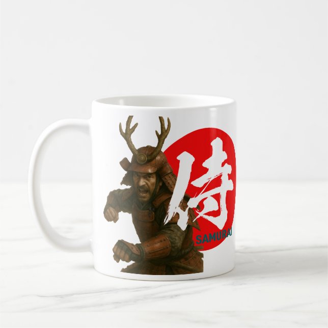 Samurai Warrior with Rising Sun and Kanji Coffee Mug (Left)