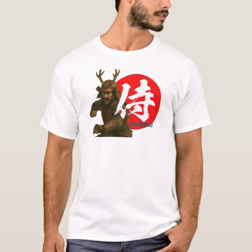 Samurai Warrior with Rising Sun and Kanji T-Shirt