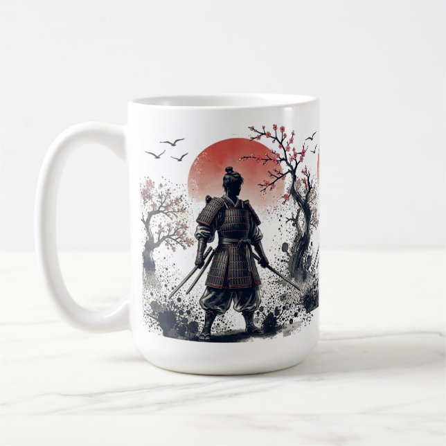 Samurai Warrior with Twin Katanas Sunset Art Coffee Mug (Left)