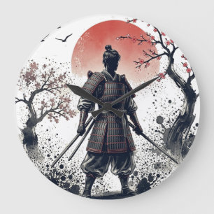 Samurai Warrior with Twin Katanas Sunset Art Large Clock