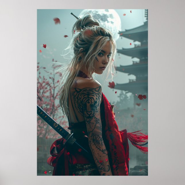 Samurai woman warrior with katana — Japanese cultu Poster (Front)