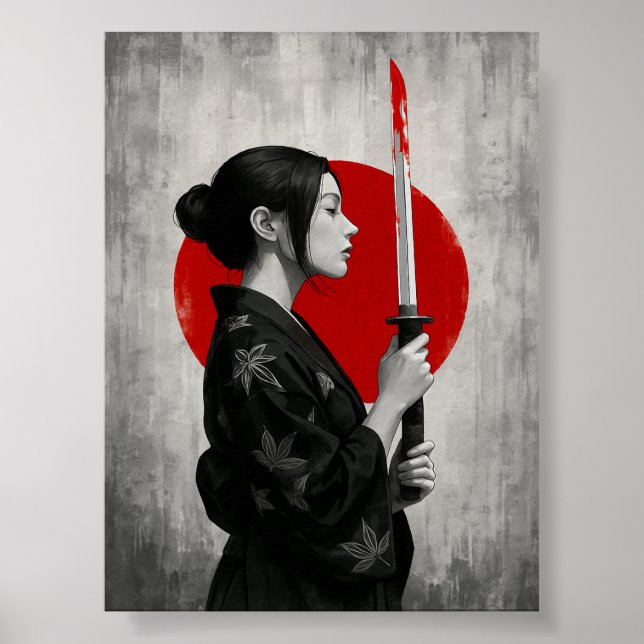 Samurai Woman with Katana in Front of Red Sun Poster (Front)