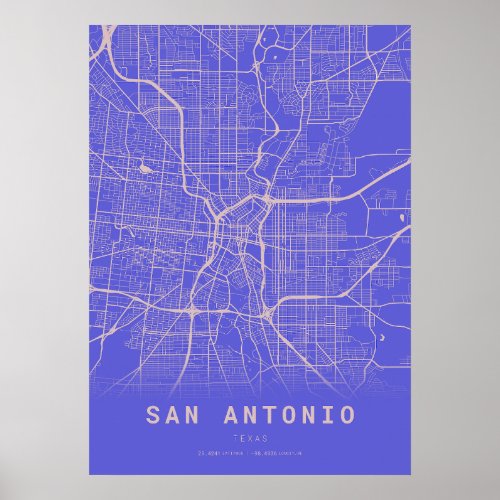 San Antonio Blue City Map Poster