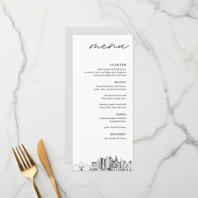 San Antonio Skyline Modern Wedding Dinner Menu (Front/Back In Situ)