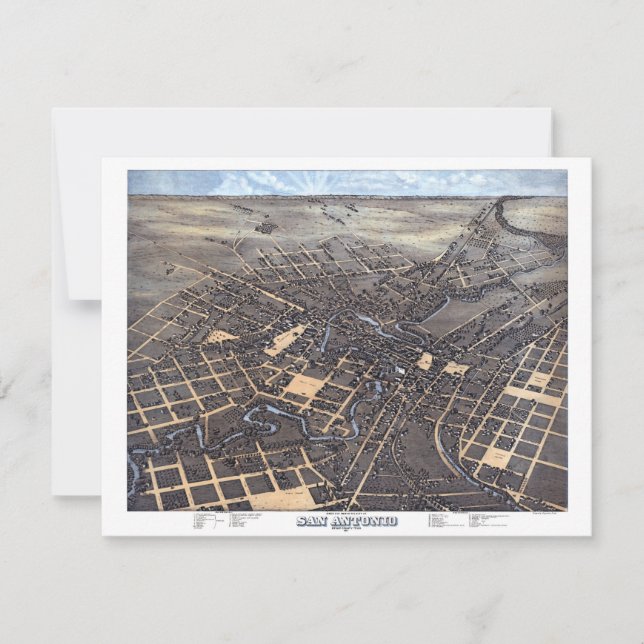 San Antonio, Texas, Antique Aerial City Map, 1873 Invitation (Front)