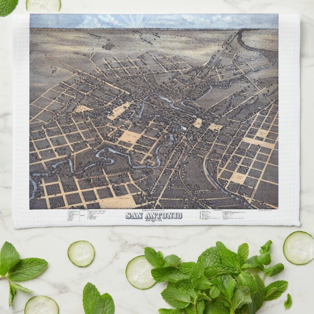 San Antonio, Texas, Antique Aerial City Map, 1873 Kitchen Towel (Folded)