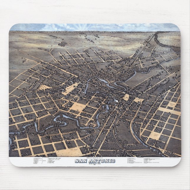San Antonio, Texas, Antique Aerial City Map, 1873 Mouse Pad (Front)