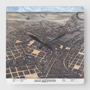 San Antonio, Texas, Antique Aerial City Map, 1873 Square Wall Clock