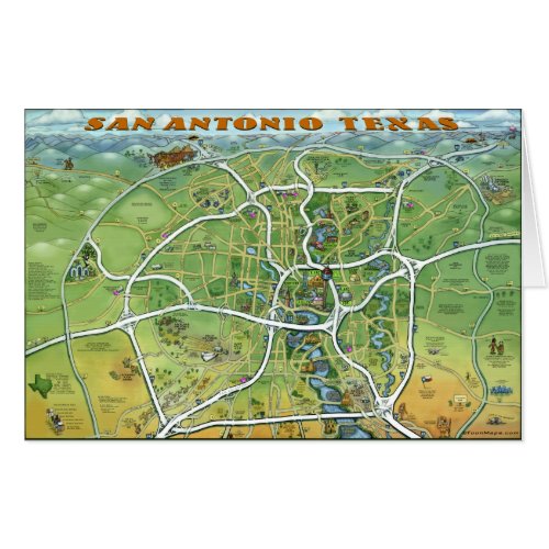 San Antonio Texas Cartoon Map Card