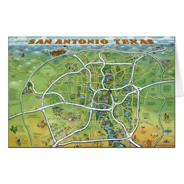 San Antonio Texas Cartoon Map Card (Front Horizontal)