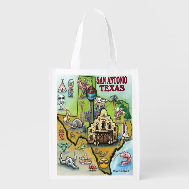 San Antonio Texas Cartoon Map Grocery Bag (Front)