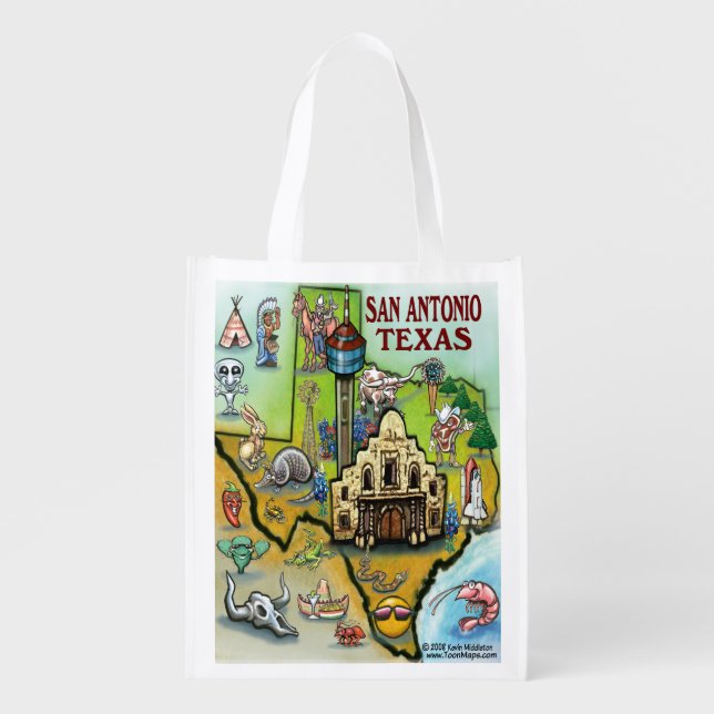 San Antonio Texas Cartoon Map Grocery Bag (Front)