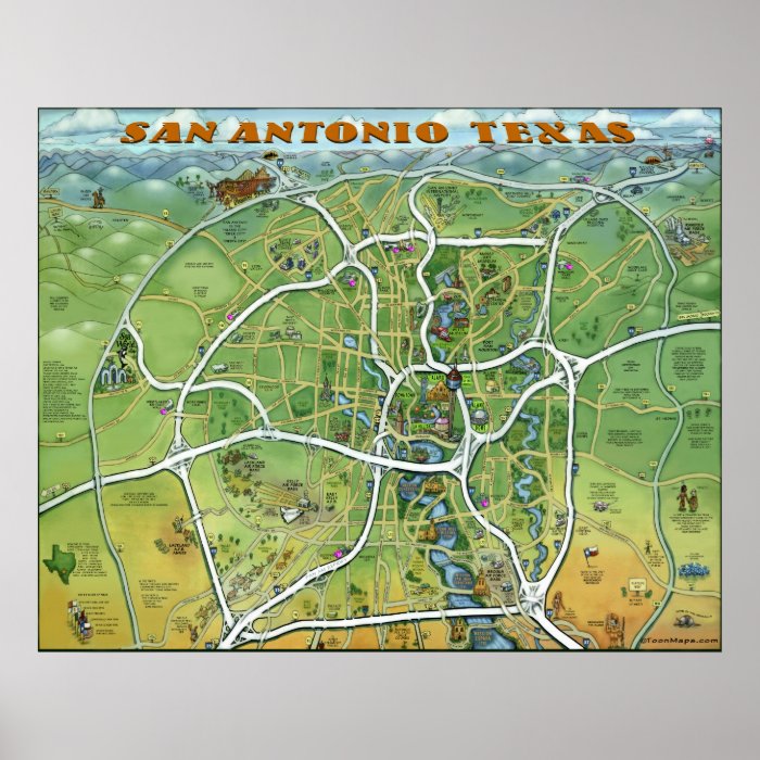 San Antonio Texas Cartoon Map Poster Zazzle