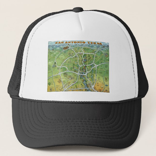 San Antonio Texas Cartoon Map Trucker Hat (Front)