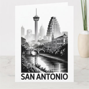 San Antonio Texas Skyline Black White Woodcut Card