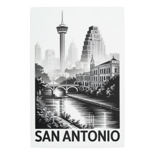 San Antonio Texas Skyline Black White Woodcut Metal Print
