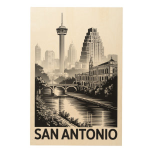 San Antonio Texas Skyline Black White Woodcut Wood Wall Art