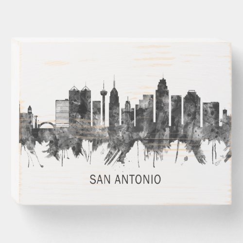 San Antonio Texas skyline BW Wooden Box Sign