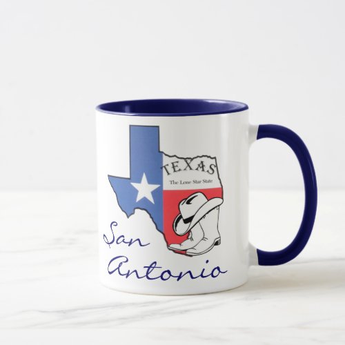 San Antonio Texas State Map Star Boots Hat Mug