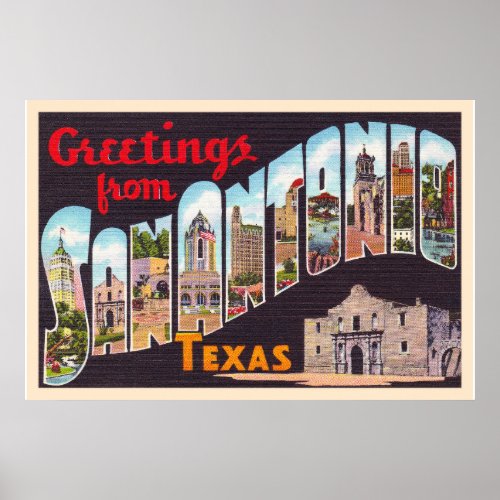 San Antonio Texas TX Vintage Large Letter Postcard Poster