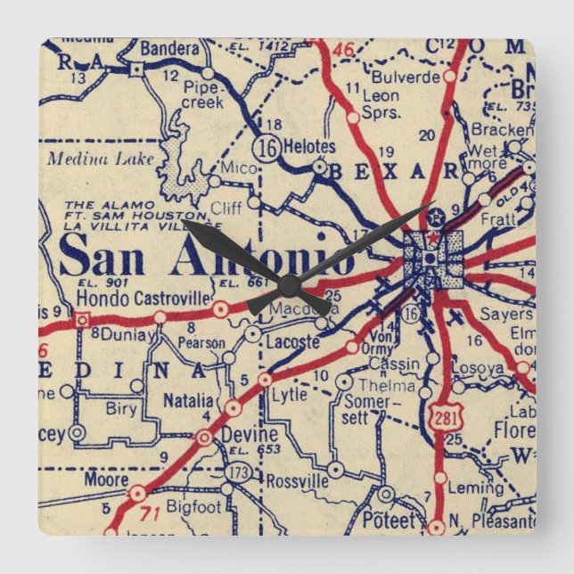 San Antonio Vintage Map Square Wall Clock (Front)