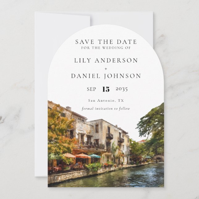 San Antonio Watercolor Photo Wedding Arch Save The Date (Front)