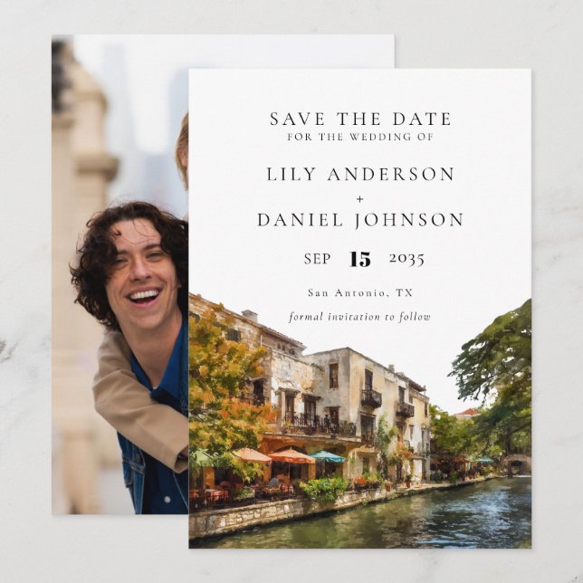 San Antonio Watercolor Photo Wedding Save The Date (Front/Back)