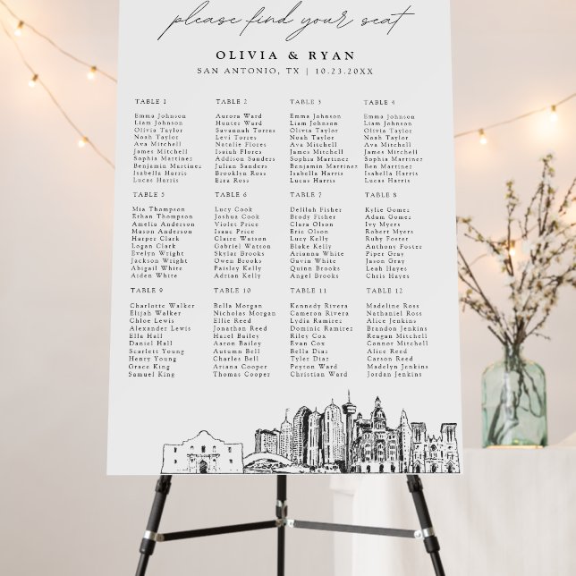 San Antonio Wedding Seating Chart 12 Tables 24x36 Foam Board (In Situ (Stand))