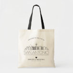 San Antonio Wedding | Stylized Skyline Tote Bag<br><div class="desc">A unique wedding tote bag for a wedding taking place in the city of San Antonio.  This tote features a stylized illustration of the city's unique skyline with its name underneath.  This is followed by your wedding day information in a matching open lined style.</div>