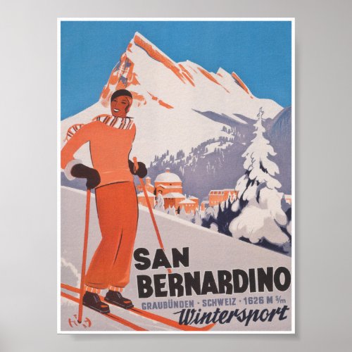 San Bernardino Switzerland Vintage Ski Travel Poster