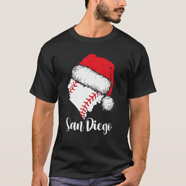 San Diego Baseball Heart Santa Hat Merry Xmas T-Shirt (Front)