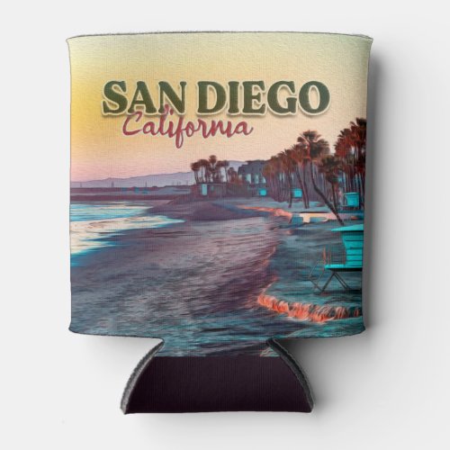 San Diego Beach California Watercolor Sunset 60s Can Cooler