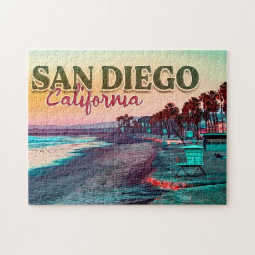San Diego Beach California Watercolor Sunset 60s Jigsaw Puzzle