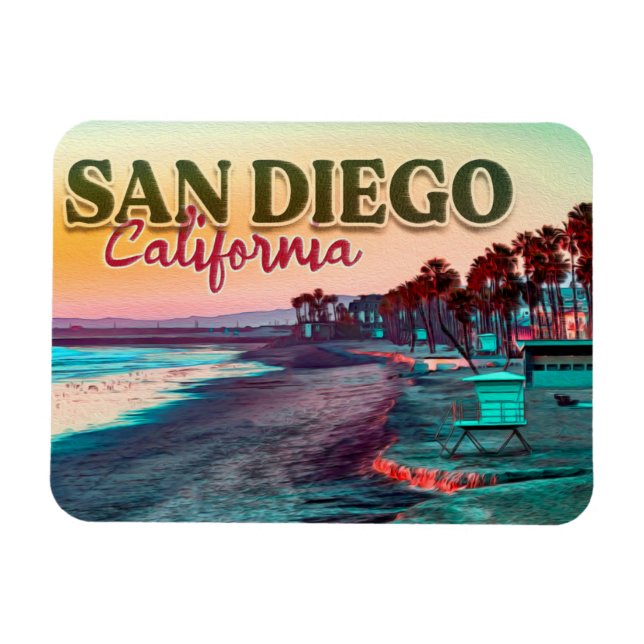 San Diego Beach California Watercolor Sunset 60s Magnet (Horizontal)