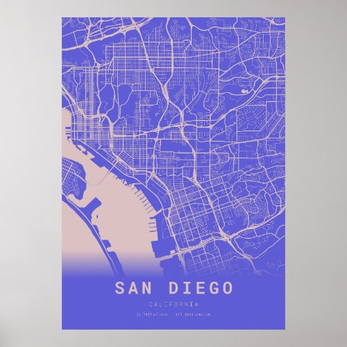 San Diego Blue City Map Poster