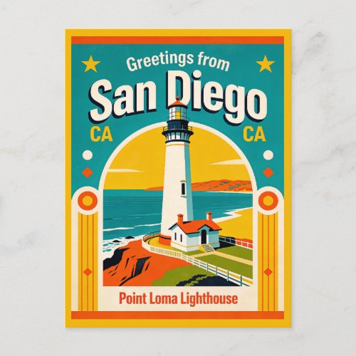 San Diego CA Point Loma Lighthouse Retro Postcard