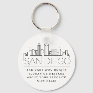 San Diego, CA Stylized Skyline Custom Slogan Keychain