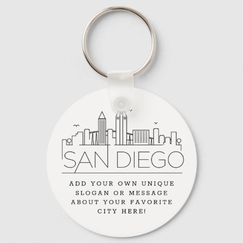 San Diego CA Stylized Skyline  Custom Slogan Keychain