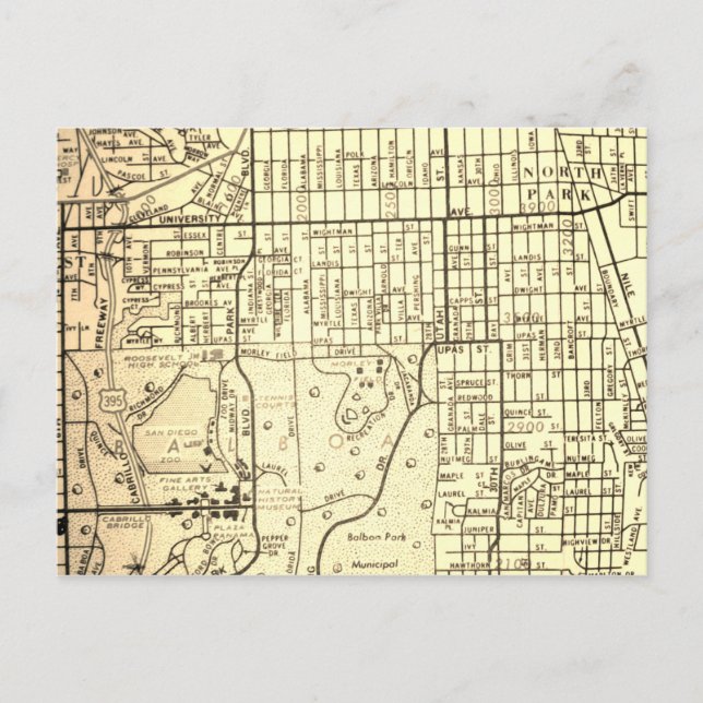 San Diego, CA Vintage Map Postcard (Front)