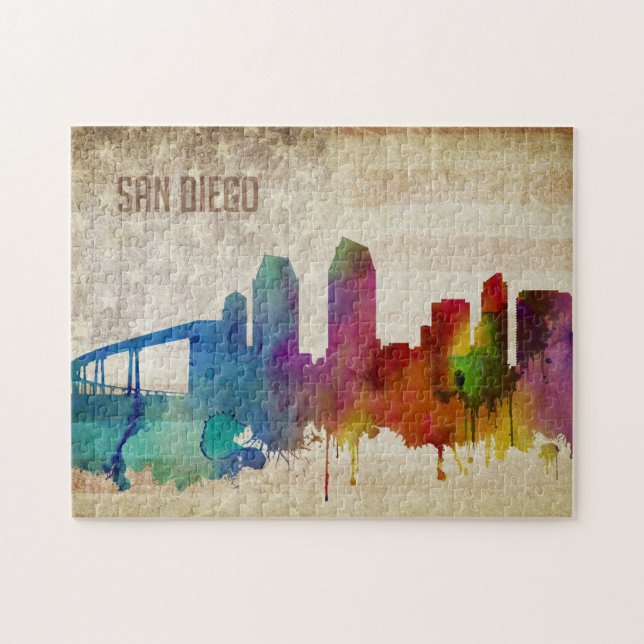San Diego, CA | Watercolor City Skyline Jigsaw Puzzle (Horizontal)