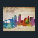 San Diego, CA | Watercolor City Skyline Postcard<br><div class="desc">A neon watercolor outline of the San Diego city skyline with a distressed American flag backdrop.</div>