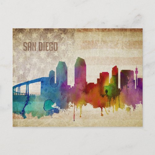 San Diego CA  Watercolor City Skyline Postcard