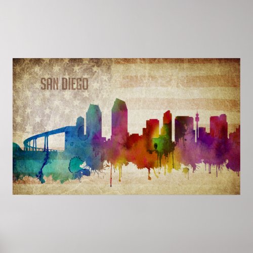 San Diego CA  Watercolor City Skyline Poster