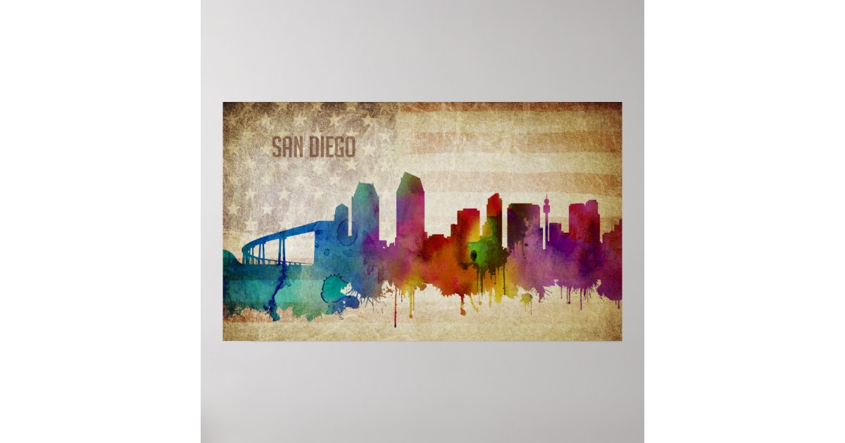 San Diego Ca Watercolor City Skyline Poster Zazzle Com