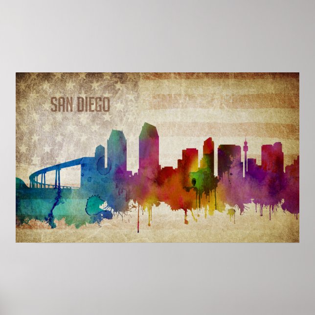 San Diego, CA | Watercolor City Skyline Poster (Front)
