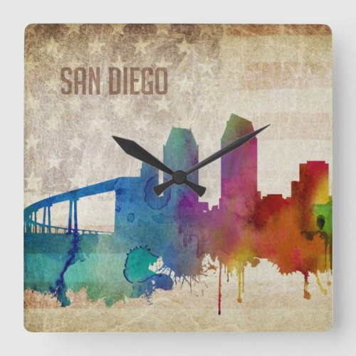 San Diego CA  Watercolor City Skyline Square Wall Clock