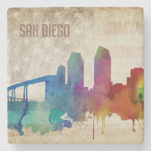 San Diego CA  Watercolor City Skyline Stone Coaster
