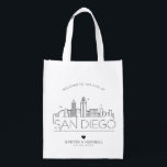 San Diego, Cali  Wedding | Stylized Skyline Grocery Bag<br><div class="desc">A unique wedding bag for a wedding taking place in the beautiful city of San Diego,  Cali.  This bag features a stylized illustration of the city's unique skyline with its name underneath.  This is followed by your wedding day information in a matching open lined style.</div>